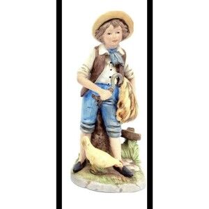 Vintage HOMCO Home Interiors Farmer Boy Ceramic Figurine Farmhouse Decor Chicken
